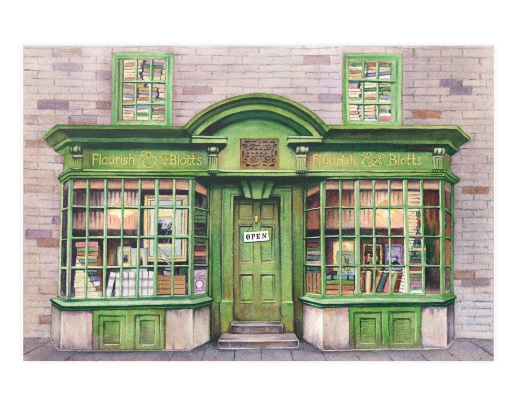 Flourish and Blotts, a Magical Bookshop Hand Painted Watercolor Print ...