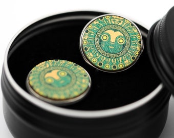 Unisex Aztec Stud Earrings: Mayan Green and Wood  with Supernatural Mask Sun God - Mesoamerican fake plugs, Intricate Wood Design 22mm