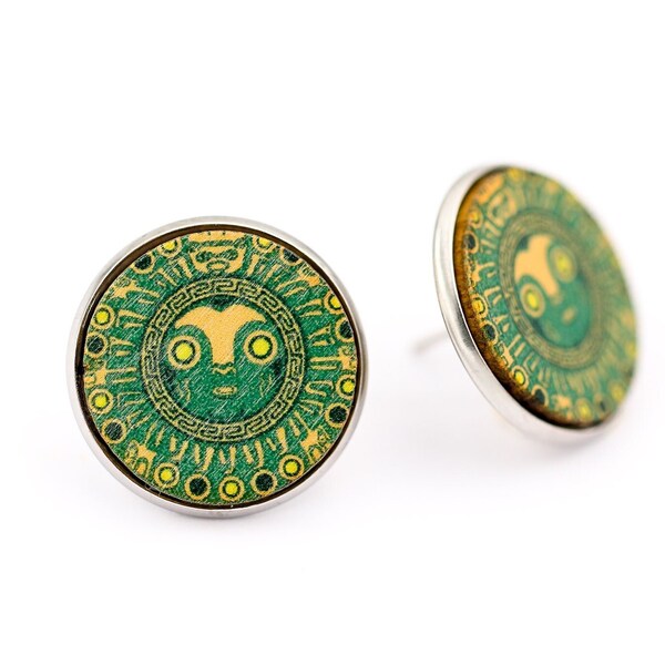 Mayan earrings men aztec fake plugs tribal ear studs ethnic 20mm Mayan jade sun god wood studs indigenous earrings aztec jewelry round men