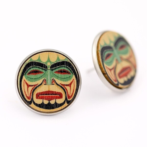 Native American stud earrings, Bohemian earrings, Tribal earrings men Fake Plugs 20mm tribe earrings wood studs unisex earrings round