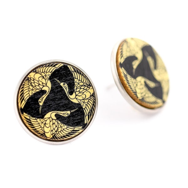 Stud earrings with black Japanese cranes unisex black earrings Samurai culture, 20mm rare plug earrings, unique gift, ear studs men