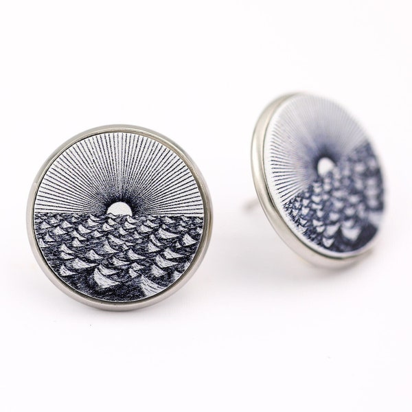 Stud earrings twilight sun and ocean 20mm fake plugs wave earrings unique gift cool stud earrings water sun earrings stud round earrings men