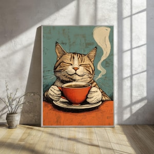 Colourful Cat and Coffee Digital Art Print | Cute Retro Coffee Wall Art for Kitchens & Coffee Bars | Printable Gift for Cat Coffee Lovers