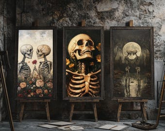 Gothic Skeleton Wall Art Floral Design Set | Dark Academia Digital Print | Cottagecore Skeleton Decor | Vintage Flower Skeleton Lovers Gift
