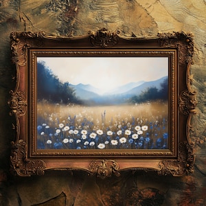 Bunte Wildblumen Wiese Kunstdruck | Vintage Landschaftswanddekor | Von der Natur inspirierter digitaler Download | Landhaus Geschenk für sie