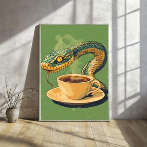 May include: A green snake with a yellow eye is curled around a white coffee cup with a brown liquid inside. The cup is on a white saucer with a green background.