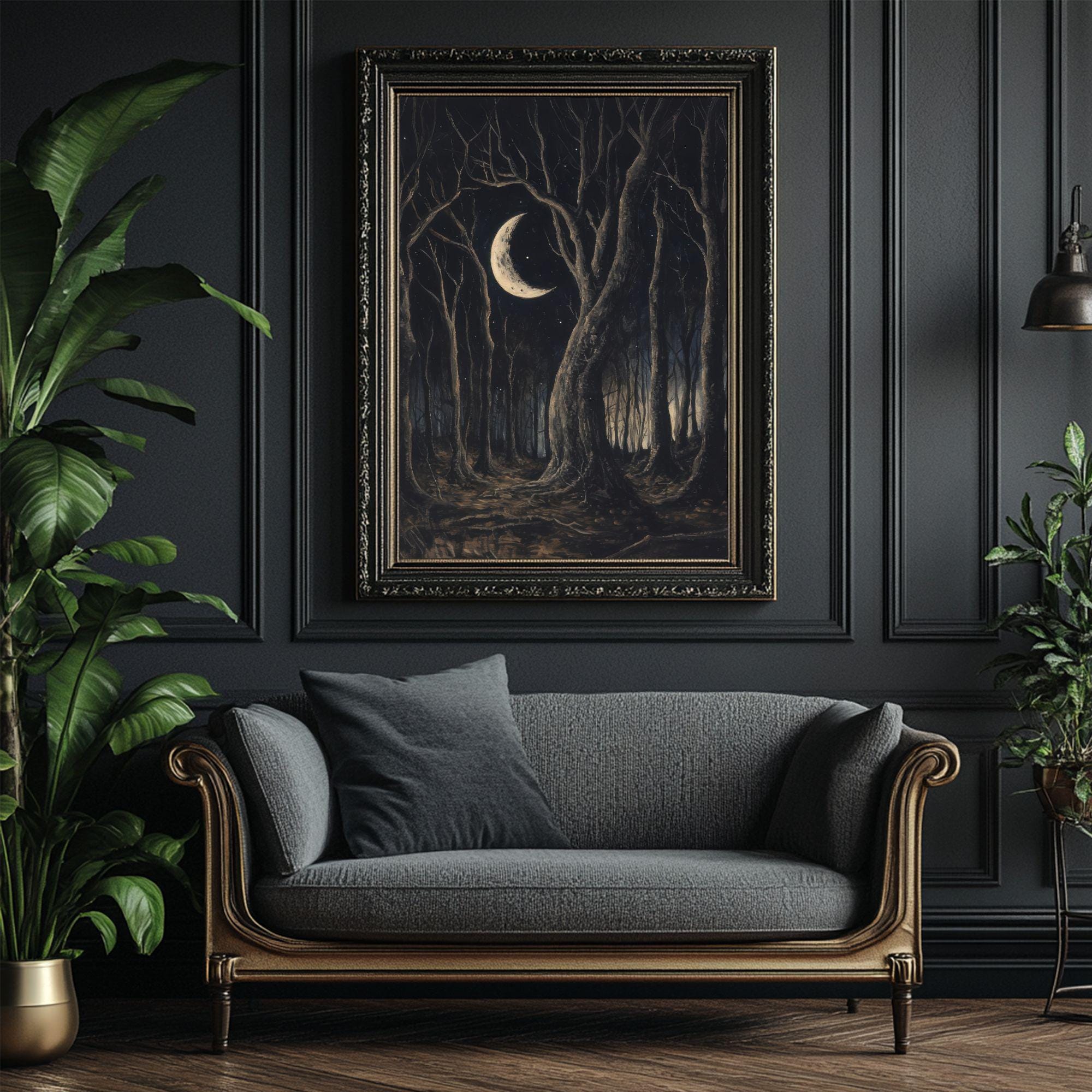 Crescent Moon Forest Art Print Gothic Moon Wall Art Witchy Decor Dark ...