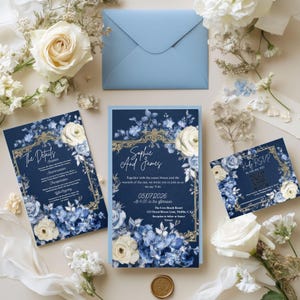 Blue Floral Wedding Invitation Template | Editable Printable Invite with RSVP & Details Card | Navy and Royal Blue Wedding Set Design