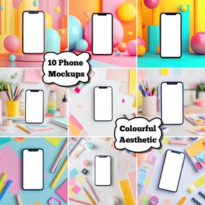 Könnte beinhalten: Zehn Telefon-Mockups mit leeren Bildschirmen, angeordnet in einer farbenfrohen Ästhetik mit pastellfarbenen Hintergründen und bunten Objekten. Der Text "10 Phone Mockups" und "Colourful Aesthetic" ist im Bild enthalten.