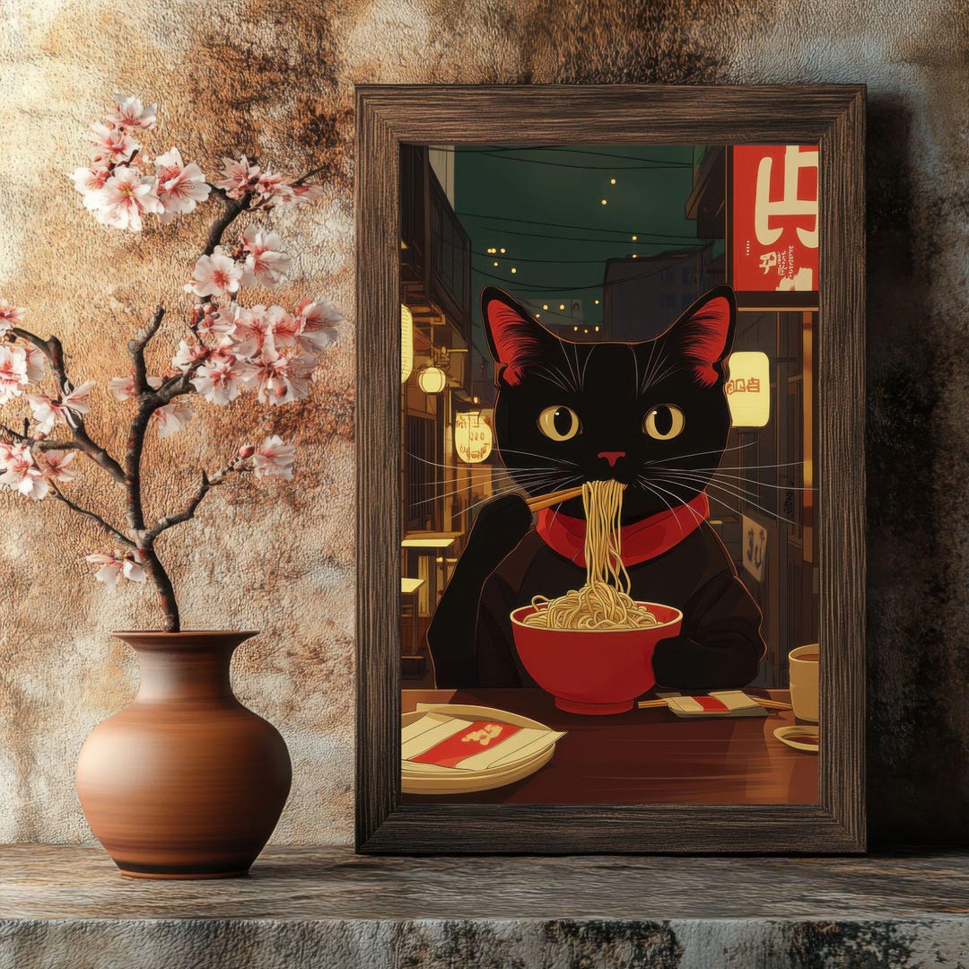 Minimalist Japanese Black Cat Art Print | Elegant Cat Wall Art for ...