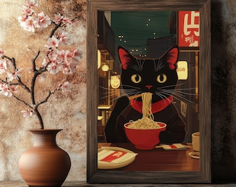 Minimalist Japanese Black Cat Art Print | Elegant Cat Wall Art For Living Spaces & Bedrooms | Printable Asian Decor Gift For Cat Lovers