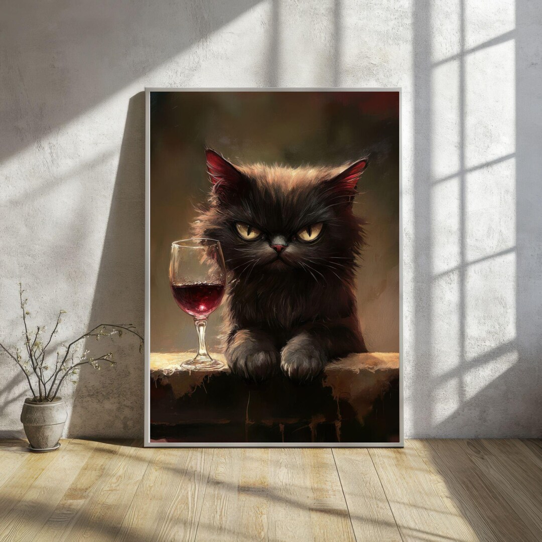 Funny Cat and Wine Digital Art Print | Colourful Cat Wall Art for Wine ...
