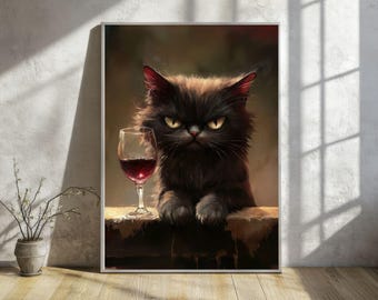 Funny Cat and Wine Digital Art Print | Colourful Cat Wall Art for Wine Lovers | Modern Printable Poster for Home | Wine Bar | Unique Gift