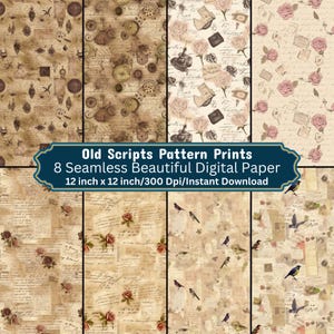Puede incluir: Conjunto de ocho diseños de papel digital con patrones vintage que incluyen escritura a mano, flores, pájaros y elementos de relojería. Cada diseño mide 30,48 cm por 30,48 cm y 300 DPI.