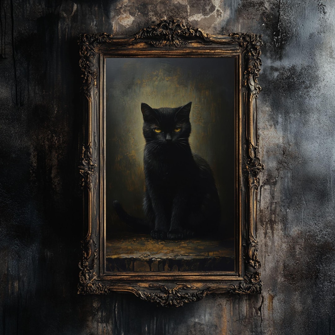 Gothic Black Cat Oil Painting Print | Witchy Spooky Decor Wall Art ...