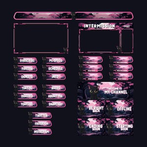 Op de afbeelding: Een roze en zwarte Twitch-stream overlay met een katten thema. De overlay bevat een welkomscherm, een 'ben zo terug'-scherm, een offline scherm, een 'eind is bijna'-scherm, een 'start is bijna'-scherm en een aantal knoppen om te abonneren, te volgen, te doneren en meer.