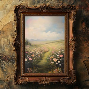 Bunte Wildblumen Wiese Kunstdruck | Vintage Landschaftswanddekor | Bauernhaus Digitaler Download | Von der Natur inspiriertes Geschenk für sie