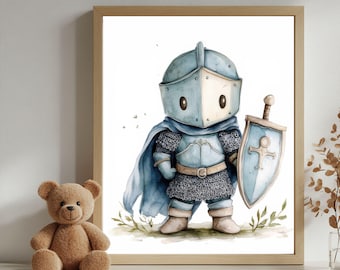 May include: A watercolor illustration of a blue knight holding a shield with a cross. The knight is wearing a helmet and armor and has a blue cape. The illustration is set against a white background.