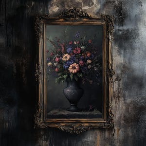 Impresión digital de jarrón de flores moradas / Arte mural floral gótico / Estética Dark Academy / Póster imprimible cottagecore / Decoración de descarga instantánea