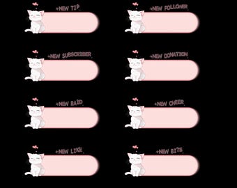 Alerta animada de gato blanco para Twitch / Notificación de transmisión de gatito adorable / Paquete de animación de alertas personalizadas para seguidores, suscriptores y raids en Twitch