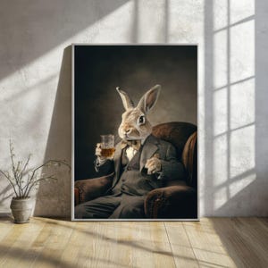 Peut inclure: Un lapin brun portant un costume et un nœud papillon est assis dans un fauteuil en cuir, tenant un verre de whisky. Le lapin a une expression sérieuse sur son visage.