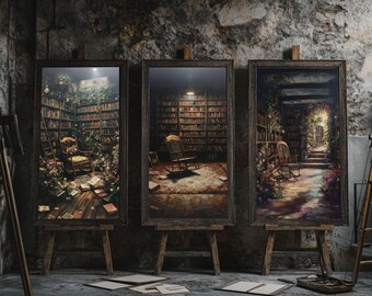 Library Decor Digital Print Set | Dark Academia Wall Art | Gothic Library Poster | Cottagecore Room Decor | Vintage Book Library Artwork