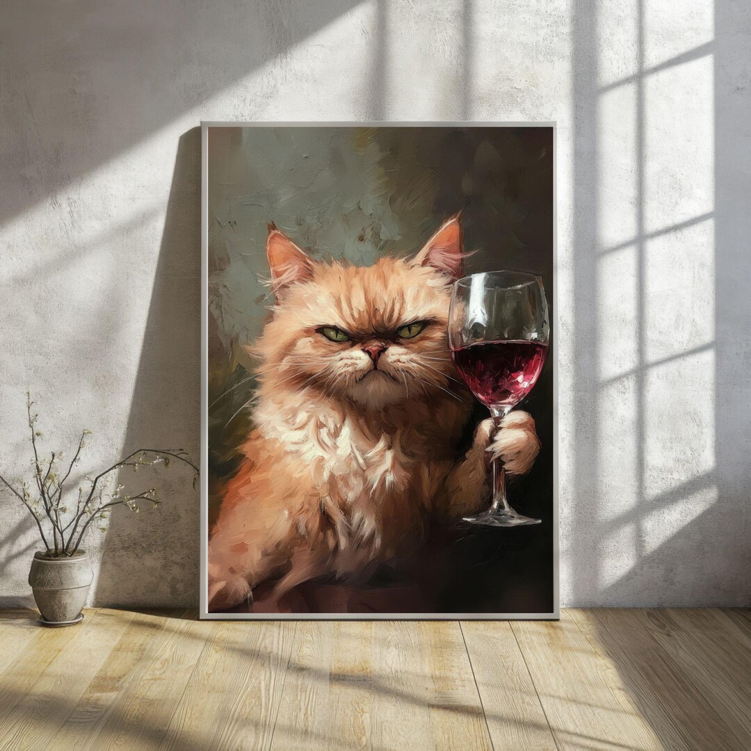Whimsical Cat Wine Art Print | Colourful Digital Download | Cute Cat ...