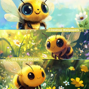 May include: Three cartoon bumblebees with large eyes and fuzzy bodies are set against a background of green grass, yellow flowers, and a blue sky. The text "3 Desktop Wallpapers" is visible in the top right corner of the image.