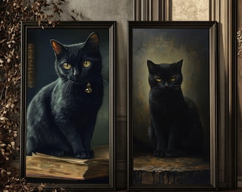 Black Cat Wall Art Digital Download Set | Gothic Black Cat Decor | Dark Academia Art Print | Cottagecore Home Decor | Gothic Wall Art Gift