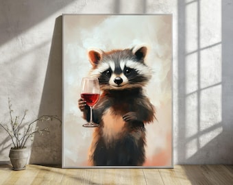 May include: A raccoon with a black mask and a bushy tail holds a glass of red wine. The raccoon is looking at the camera with a mischievous smile. The background is a light brown color.