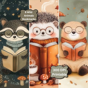 8 Wild Animal Bookmark Set | Printable Bear, Deer, Raccoon & Hedgehog Designs | Cute Digital Templates for Journals Gifts | Download Now