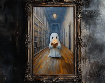 Uroczy wydruk artystyczny z duchem czytającym | Grafika ścienna z gotyckiej biblioteki | Straszny i zabawny wystrój | Plakat z wiedźmą Dark Academia | Cyfrowe pobieranie w stylu vintage z duchem