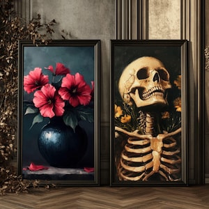 Skeleton Art Print Poster Set | Gothic Flower Vase Digital Download | Dark Academia Skeleton Floral Wall Art | Cottagecore Printable Decor