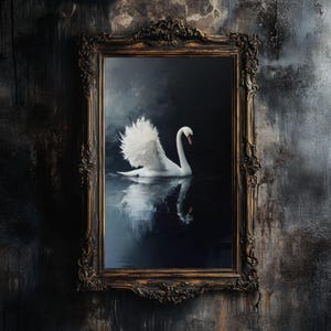 Eleganter weißer Schwan Kunstdruck | Gothic Schwan Wanddekor | Dark Academia Digitaler Download | Cottagecore druckbares Poster | Moody Home Wandkunst