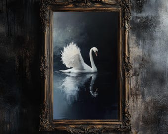 White Swan Oil Painting | Vertical Gothic Wall Art | Dark Academia Home Decor | Vintage Swan Bedroom Print | Witchy Art Digital Download