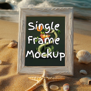 Beach House Frame Mockup | Vertical Wooden Display | Digital Template for Prints, Posters & Coastal Artwork for Wall Decor and Home Design