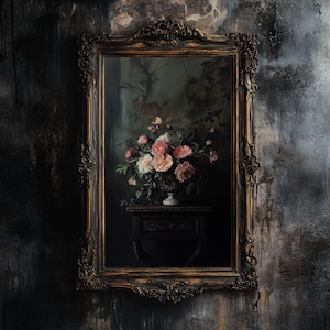 Impresión digital floral rosa / Decoración de pared con jarrón gótico / Estética Dark Academy / Póster imprimible estilo cottagecore / Descarga instantánea