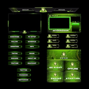 Könnte beinhalten: Ein grünes und schwarzes Streaming-Overlay-Set mit Frosch-Thema. Das Set enthält verschiedene Panels mit Text wie "Subscribe", "Intermission" und "Offline". Das Design beinhaltet Frosch-Illustrationen und neongrüne Akzente.