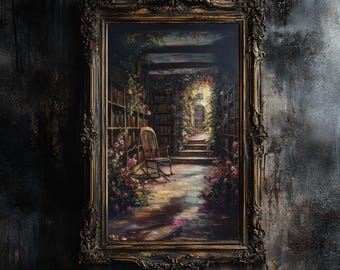 Dark Academia Romance Library Art Print | Gotische bibliotheek wanddecoratie | Cottagecore-kamerposter | Digitale download vintage boekencollectie