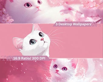 Leuk kattenbehang | Esthetische bureaubladachtergrond | Digitale download | Minimalistisch kattenthema | Achtergrond pc, laptop, Mac | Kawaii kattenkunst