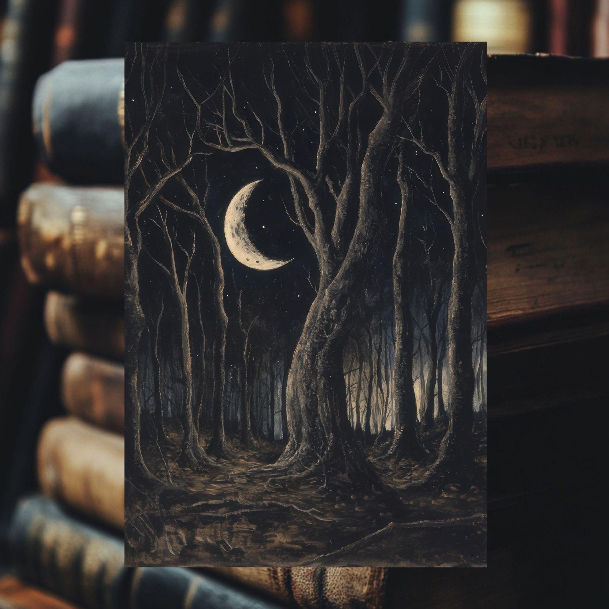 Crescent Moon Forest Art Print Gothic Moon Wall Art Witchy Decor Dark ...