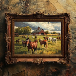 Vintage Horse Painting Print | Equestrian Wall Art | Farmhouse Animal Decor | Horse Lover Gift | Rustic Oil Painting Digital Download