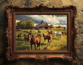 Vintage Horse Painting Print | Equestrian Wall Art | Farmhouse Animal Decor | Horse Lover Gift | Rustic Oil Painting Digital Download