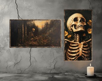 Gothic Flower Skeleton Wall Art Print Set |  Floral Skeleton Decor | Dark Academia Digital Download | Cottagecore Skeleton Lovers Poster