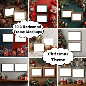 Op de afbeelding: Een collage van negen afbeeldingen met horizontale framemockups met een kerstthema. De frames zijn in verschillende stijlen en kleuren, met feestelijke decoraties zoals ornamenten en cadeaus. Tekst luidt "30 2 Horizontal Frame Mockups" en "Christmas Theme."