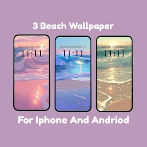 May include: Three phone wallpapers featuring a beach scene with a wave crashing on the shore. The time is 11:11 on the phone screen. The wallpapers are in pink, blue, and beige.