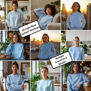 Mockup lichtblauwe trui dames 30 | Digitaal sweatshirt met ronde hals en model | Oversized trui voorontwerp | Herfst Winter Directe download