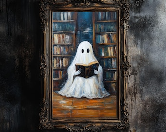 Gotycka Biblioteka Duch Czytający Książkę | Uroczy, upiorny wystrój ścienny | Plakat Witchy Dark Academia | Cyfrowe pobieranie Vintage Ghost