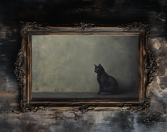 Black Cat Horizontal Wall Art | Gothic Landscape Print | Witchy Home Decor | Dark Academia Painting | Vintage Cat Poster Digital Download