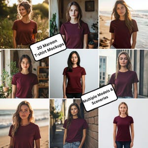 Peut inclure: Plusieurs images présentent des t-shirts marron portés par différents modèles dans divers environnements. Le texte de l'image indique "30 Maquettes de T-shirts Marron" et "Plusieurs Modèles et Scènes". Les t-shirts sont de couleur marron uni.